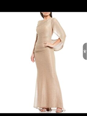 Gorgeous Betsy & Adam Gold Asymmetrical Backless Gown for Weddings, Formals